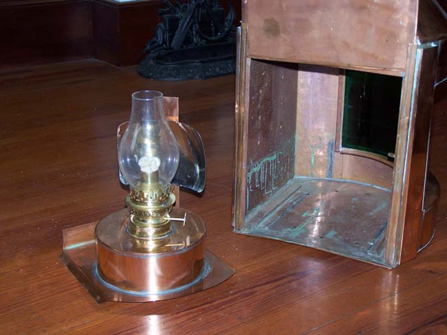 A Large Pair of World War II Era Merchant Marine Brass Mounted Copper Port and Starboard Running Lamps. — image 4